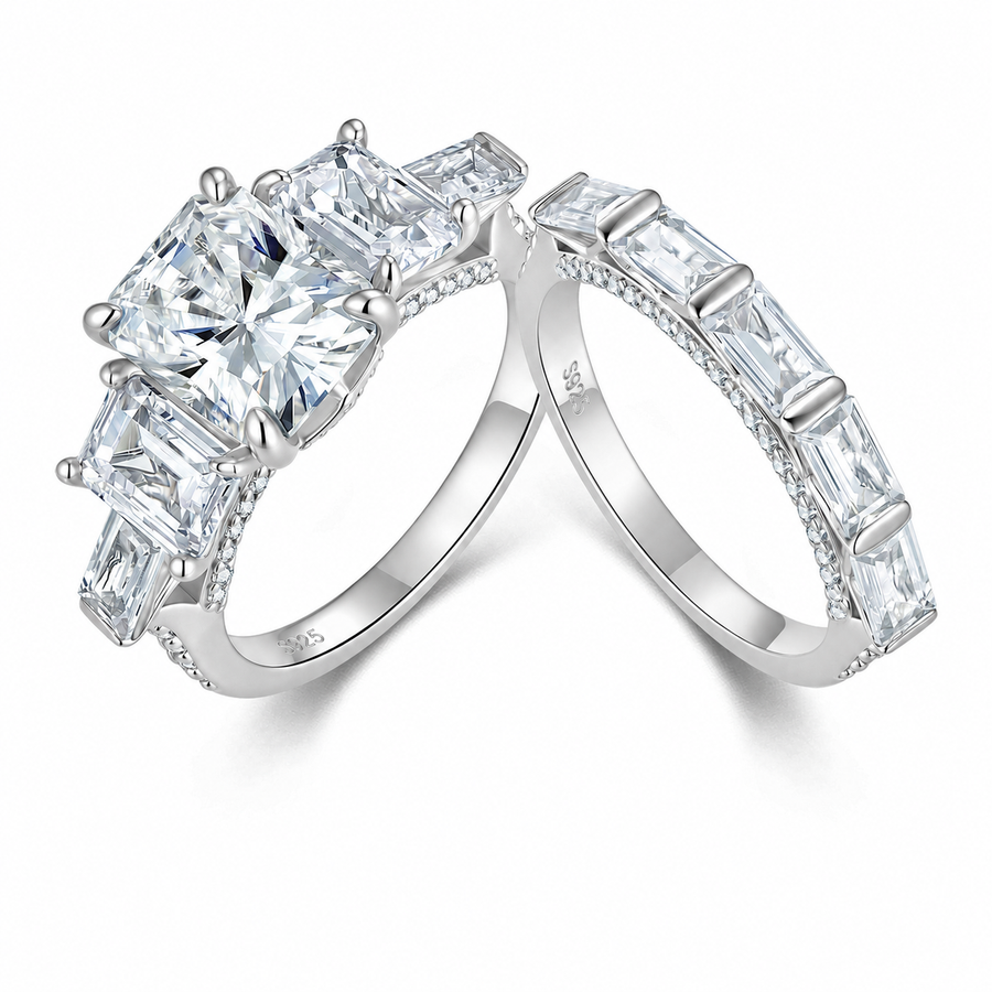 Exaggerated Emerald Cut S925 Pure Silver Moissanite Ring, European and American Large Carat Rectangular Combination Ring Set