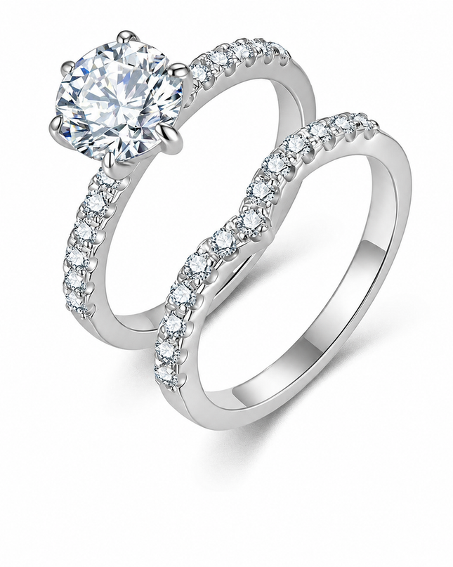 AliExpress New Set Ring S925 Pure Silver Moissanite Ring, Fashionable Light Luxury European and American Style Double Ring, Stackable Ring on a pure white background