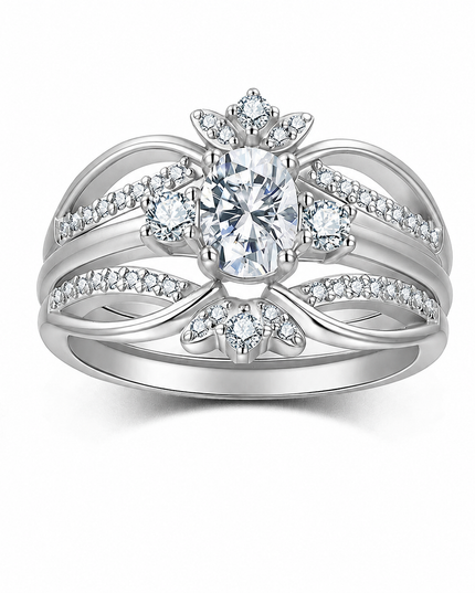 Authentic certificate D color S925 pure silver moissanite ring, European and American style exaggerated egg-shaped stackable ring set on a pure white background