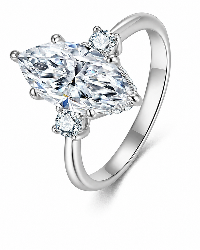 Best-selling horse-eye ring S925 pure silver moissanite ring, prong-set firmly gold-plated and color-resistant, European and American style women's ring on a pure white background