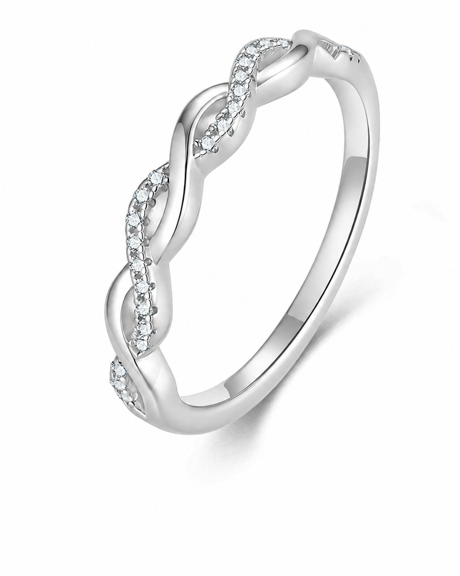 Birthday gift: niche S925 pure silver moissanite ring, hollow woven braided ring, wave ring for girlfriend on a pure white background