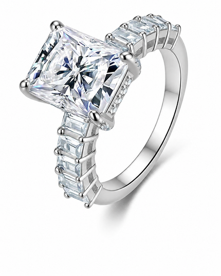 Cross-border hot-selling emerald-cut uniquely shaped moissanite ring, factory direct shipment, high-luxury 925 pure silver precision jewelry on a pure white background
