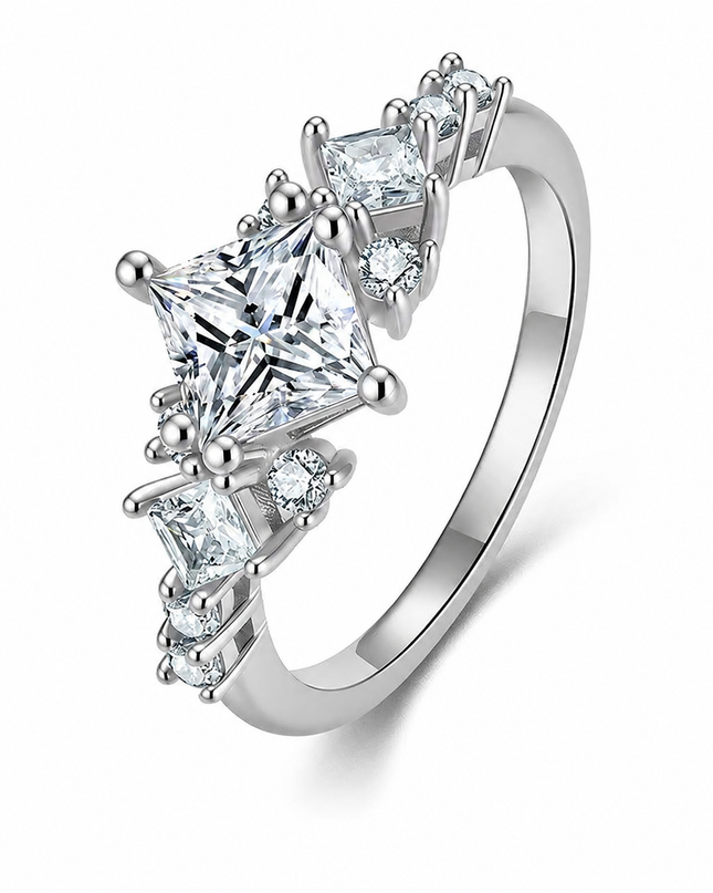 Cross-border new in-stock princess square moissanite ring, Korean style trendy elegant S925 sterling silver ring for women on a pure white background