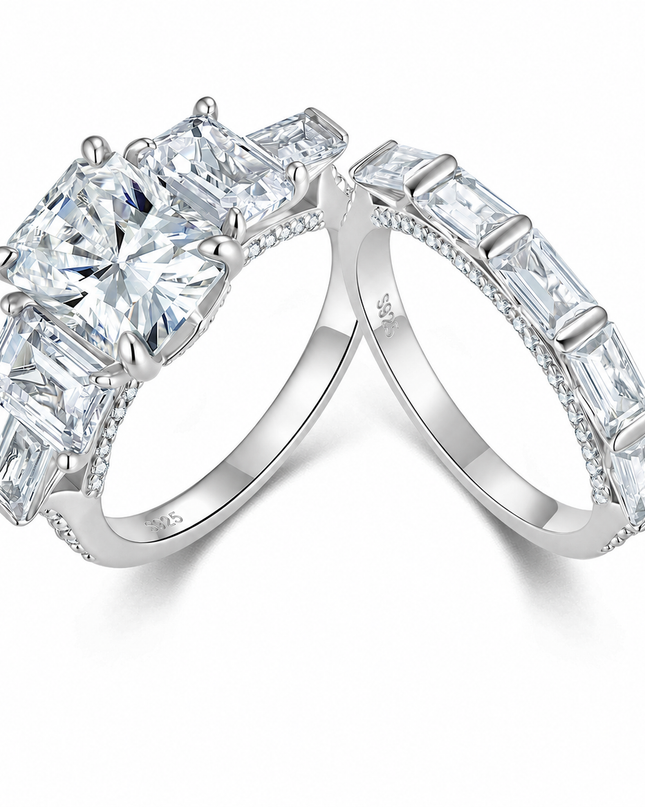 Exaggerated Emerald Cut S925 Pure Silver Moissanite Ring, European and American Large Carat Rectangular Combination Ring Set on a pure white background