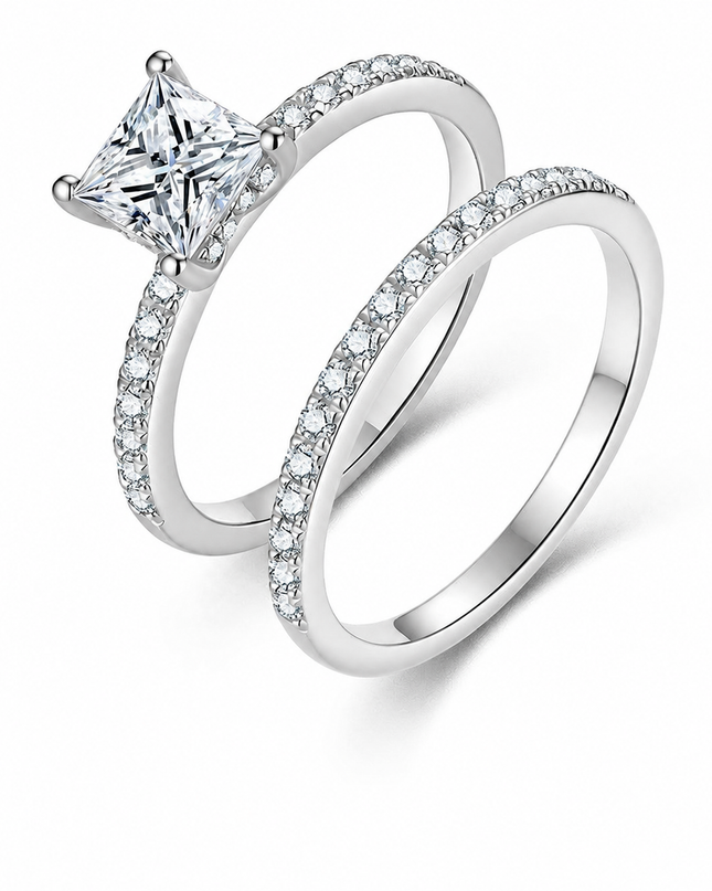 New set ring: Princess Fang S925 pure silver moissanite ring, pure silver silver gold-encased silver new Chinese style ring on a pure white background