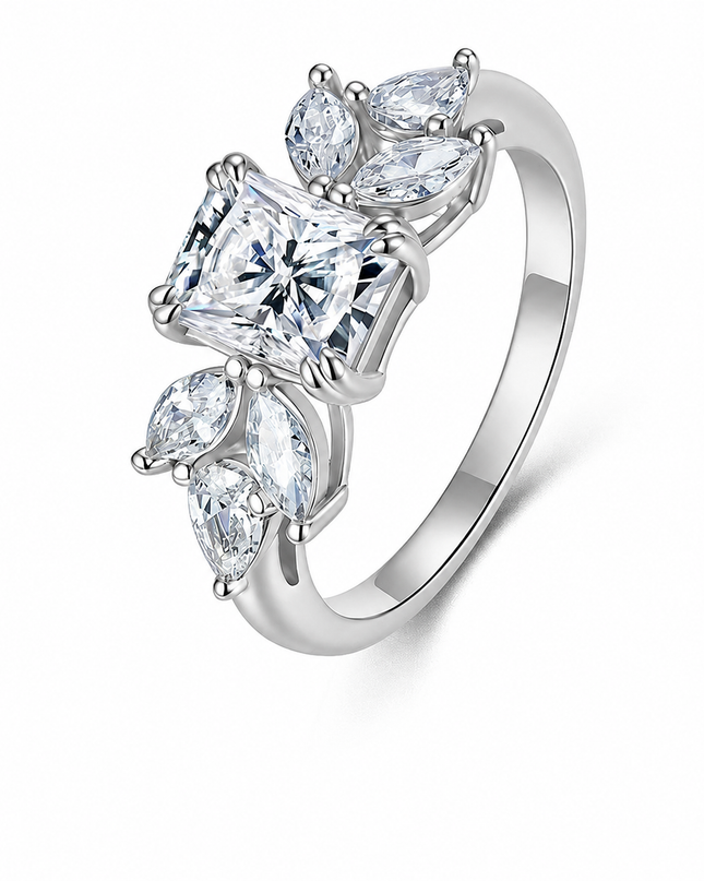 S925 Pure Silver Special-Shaped Long Octagonal Moissanite Ring, Cross-border Wide Light Luxury, Niche Western Exaggerated Accessories on a pure white background