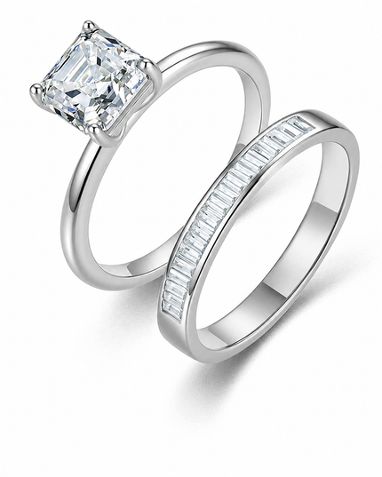S925 sterling silver Asche special-shaped moissanite ring, niche design stacked piano grid accessory ring combo ring on a pure white background