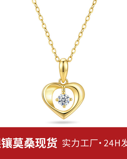 Dopamine S925 Sterling Silver Moissanite Necklace, 18K Gold Heart-Shaped Creative European and American Style Pure Silver Pendant