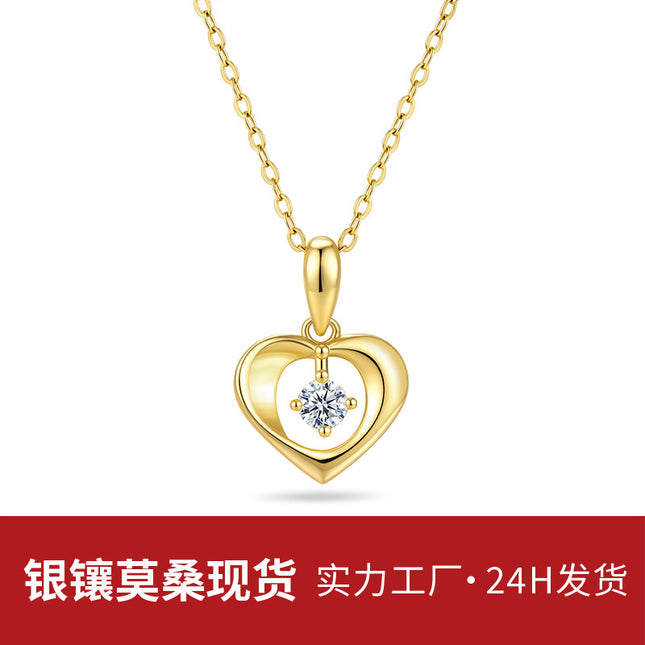 Dopamine S925 Sterling Silver Moissanite Necklace, 18K Gold Heart-Shaped Creative European and American Style Pure Silver Pendant