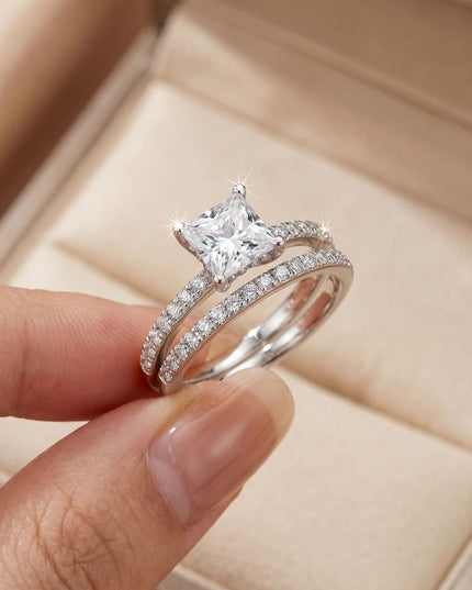New set ring: Princess Fang S925 pure silver moissanite ring, pure silver silver gold-encased silver new Chinese style ring