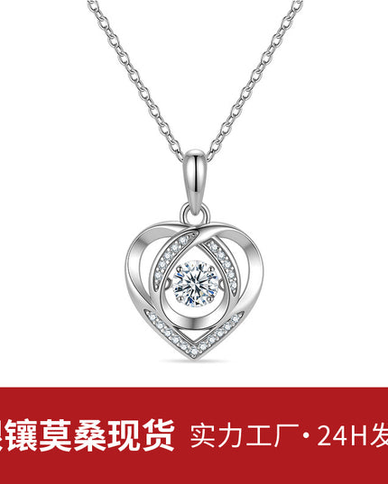 Heart-Heart Dynamic S925 Pure Silver Moissanite Necklace Heartbeat Pure Silver Pendant Birthday Gift for Girlfriend