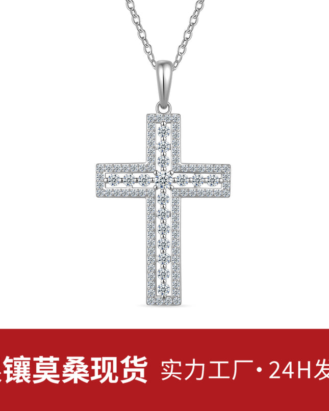 十字架吊坠S925纯银莫桑石项链 真18k金电镀轻奢小众项链女款配饰