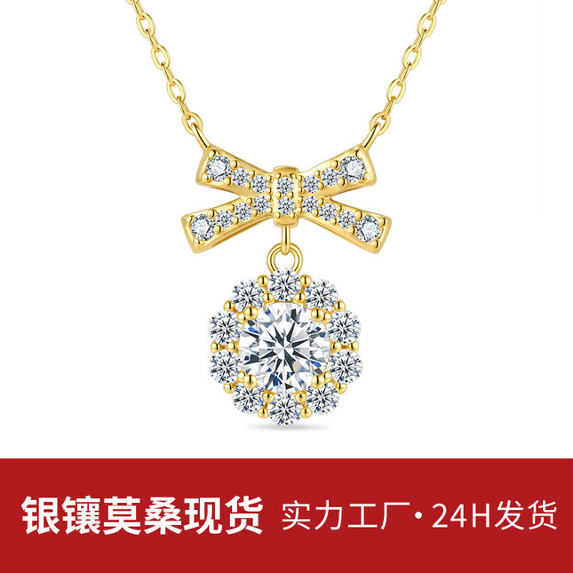 Necklace accessories for women, S925 sterling silver moissanite necklace, bow 925 sterling silver collarbone chain, jewelry necklace