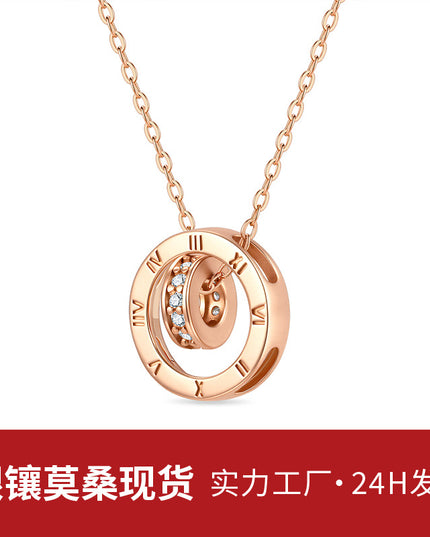 吊坠玫瑰金色S925纯银莫桑石项链 贵族风古典圆环罗马数字项链
