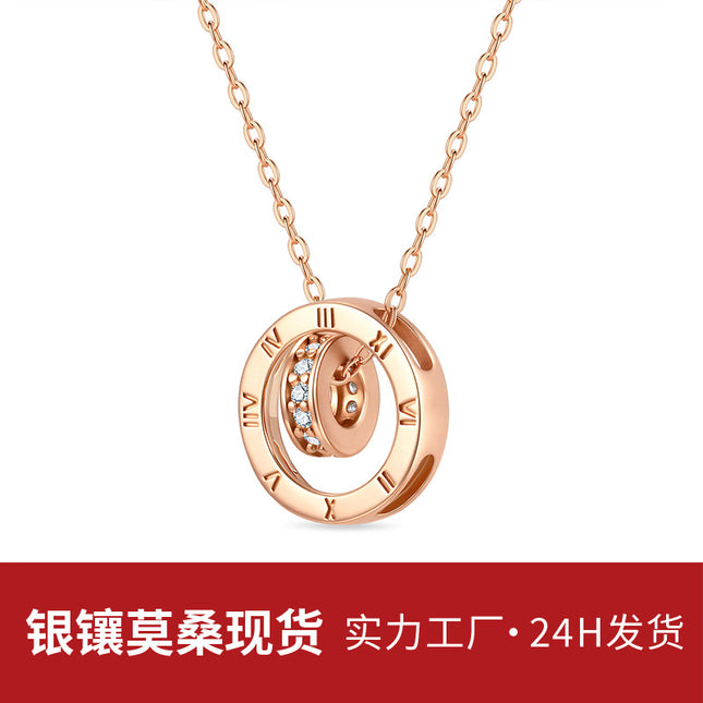 吊坠玫瑰金色S925纯银莫桑石项链 贵族风古典圆环罗马数字项链