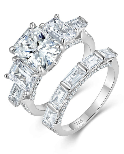 Exaggerated Emerald Cut S925 Pure Silver Moissanite Ring, European and American Large Carat Rectangular Combination Ring Set