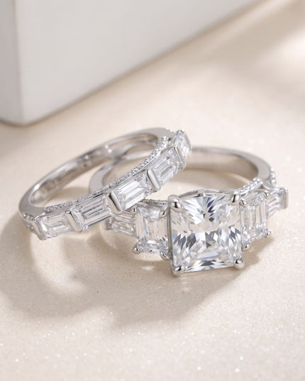 Exaggerated Emerald Cut S925 Pure Silver Moissanite Ring, European and American Large Carat Rectangular Combination Ring Set