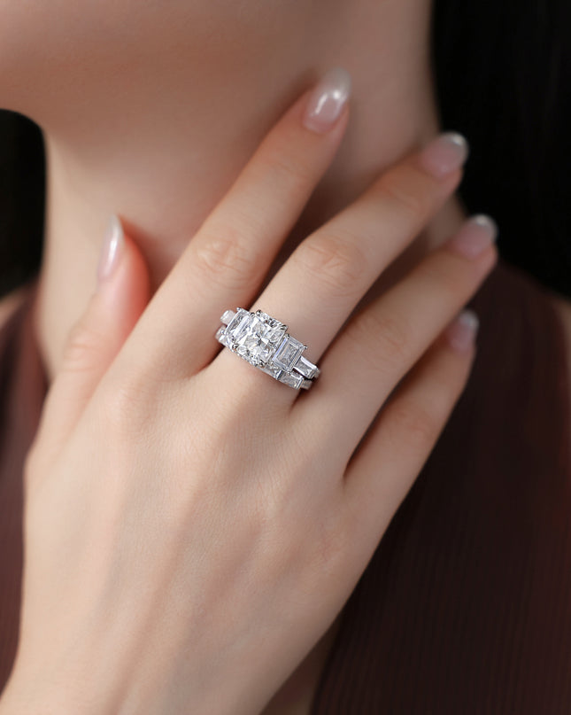 Exaggerated Emerald Cut S925 Pure Silver Moissanite Ring, European and American Large Carat Rectangular Combination Ring Set