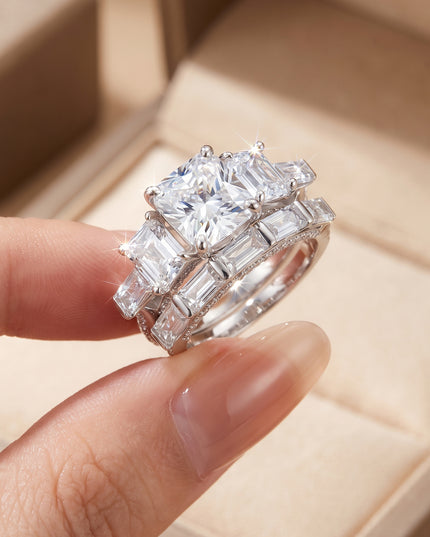 Exaggerated Emerald Cut S925 Pure Silver Moissanite Ring, European and American Large Carat Rectangular Combination Ring Set